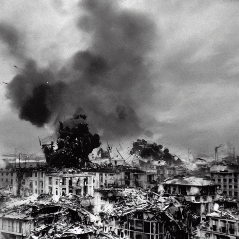 Grayscale image of ruined cityscape with explosion aftermath