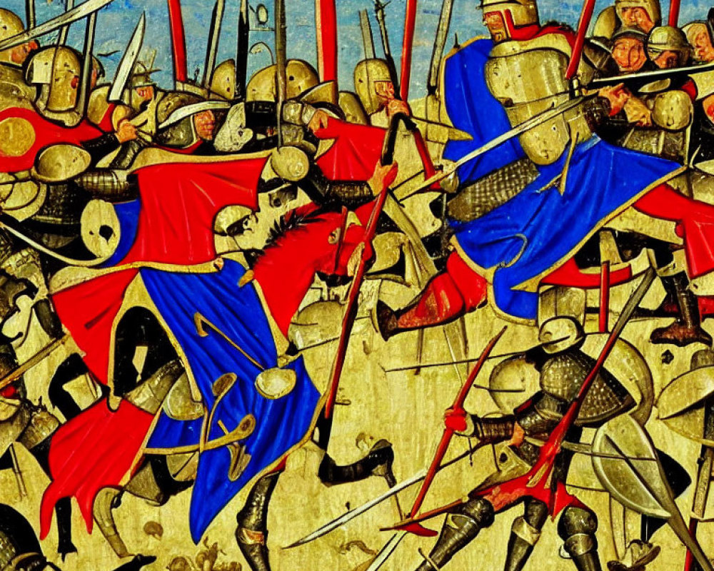 Armored knights in medieval battle with lances and swords under yellow sky