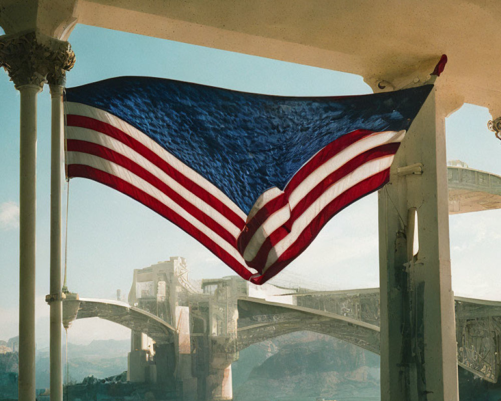 Classic balcony with American flag overlooking bridge and waterway