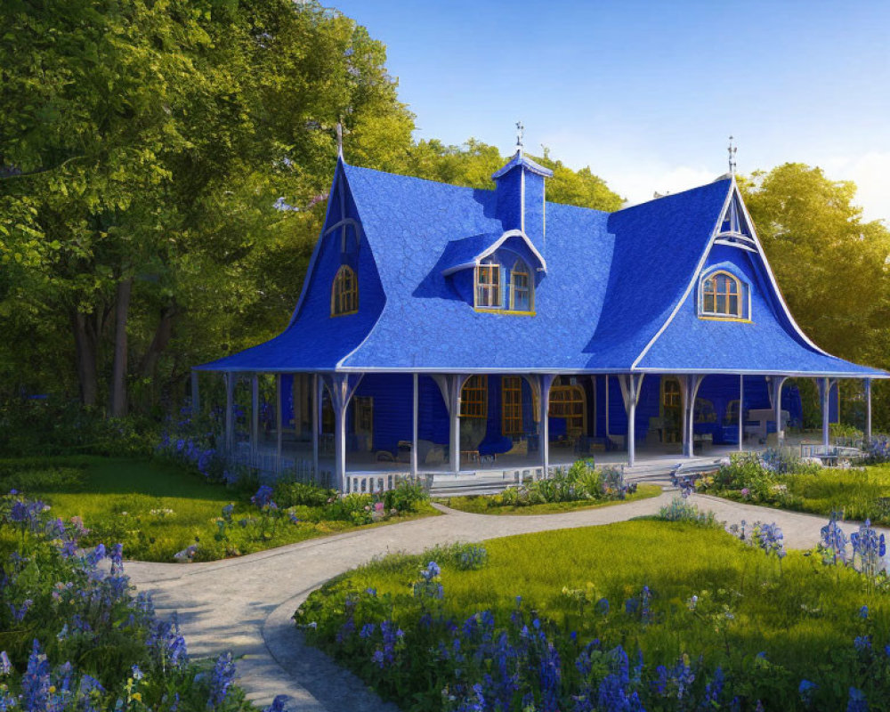 Charming blue cottage in lush greenery with ornate roofs