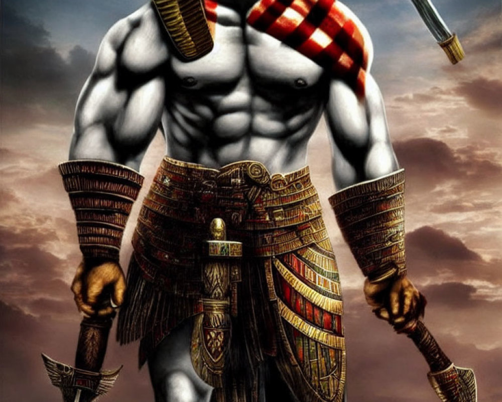 Muscular male warrior in ancient attire with axes against cloudy sky.