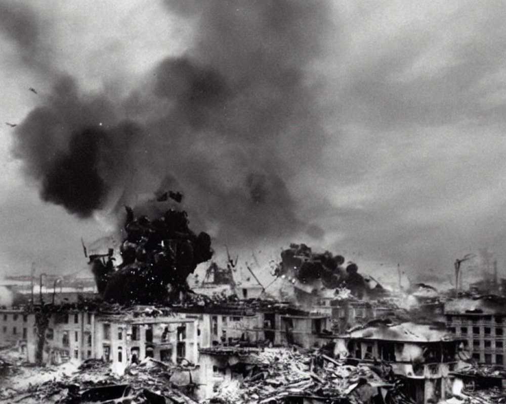 Grayscale image of ruined cityscape with explosion aftermath