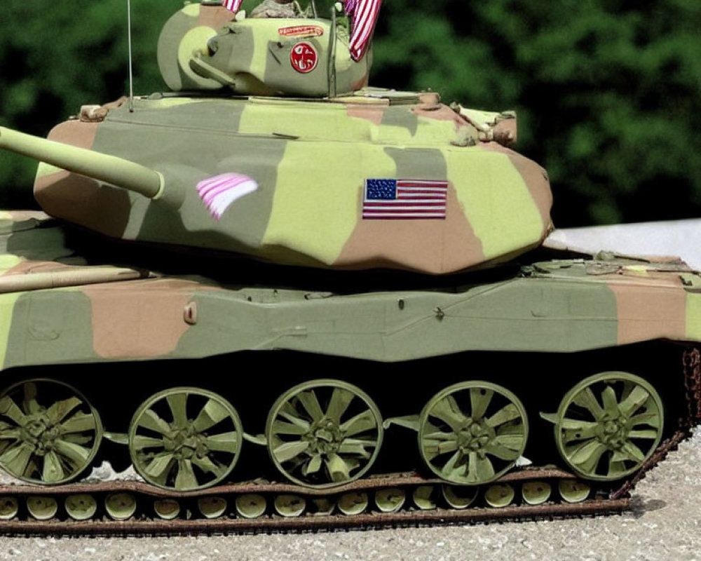 Detailed Military Tank Model with Camouflage Paint Job and American Flags