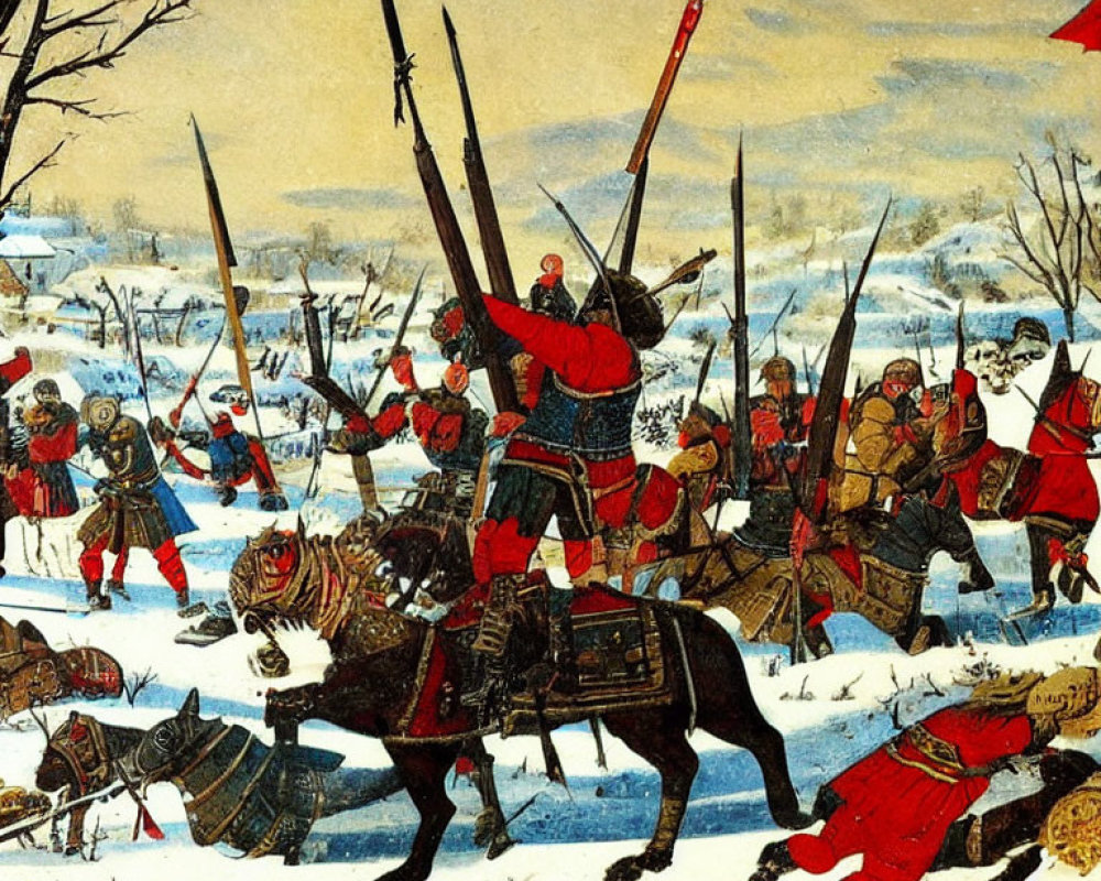 Historical battle scene: soldiers in red uniforms, horseman, snowy conditions