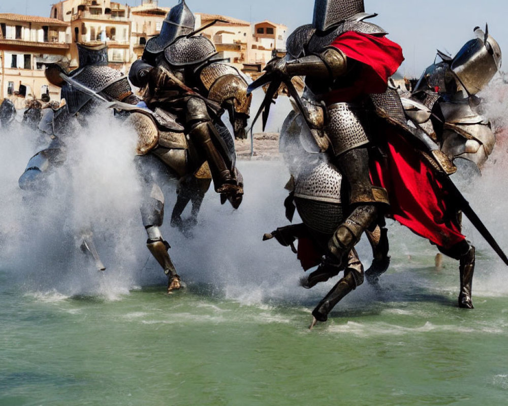 Medieval knights in armor clash on horseback near water, one in red cape leading.