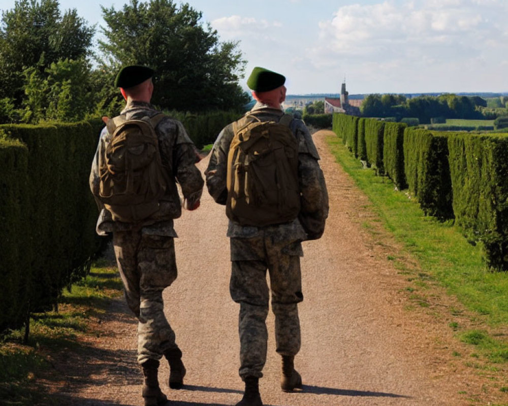 Military soldiers in camouflage uniforms walking on tree-lined pathway.