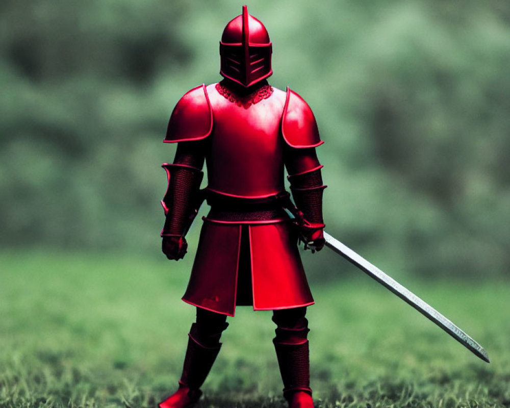 Red Knight Toy in Armor with Sword on Green Background