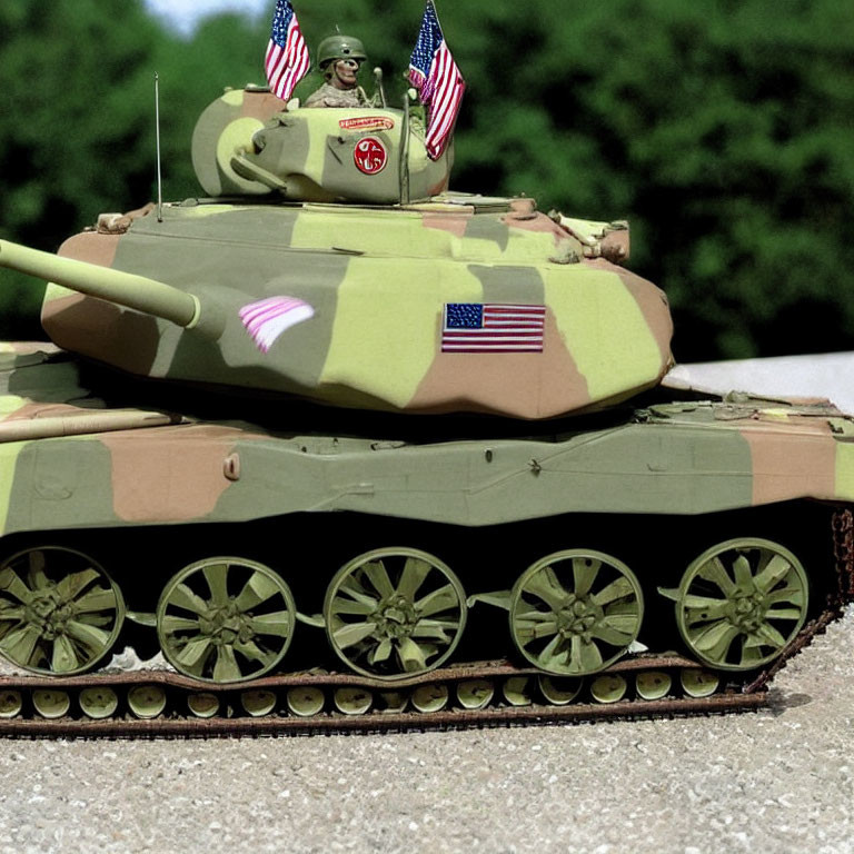 Detailed Military Tank Model with Camouflage Paint Job and American Flags