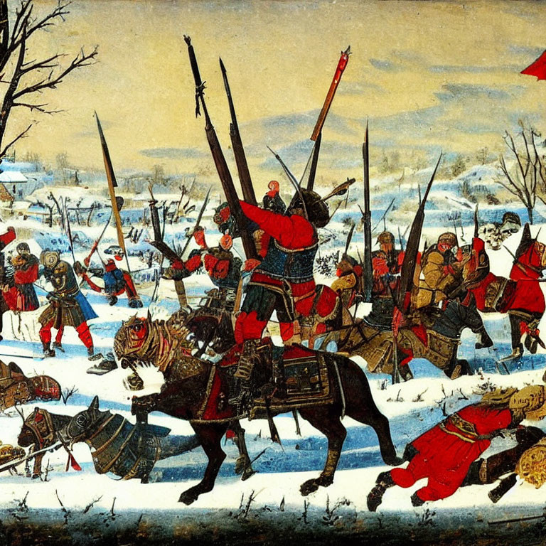 Historical battle scene: soldiers in red uniforms, horseman, snowy conditions