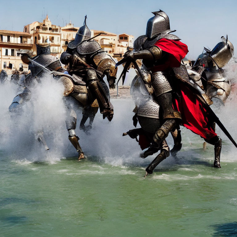 Medieval knights in armor clash on horseback near water, one in red cape leading.