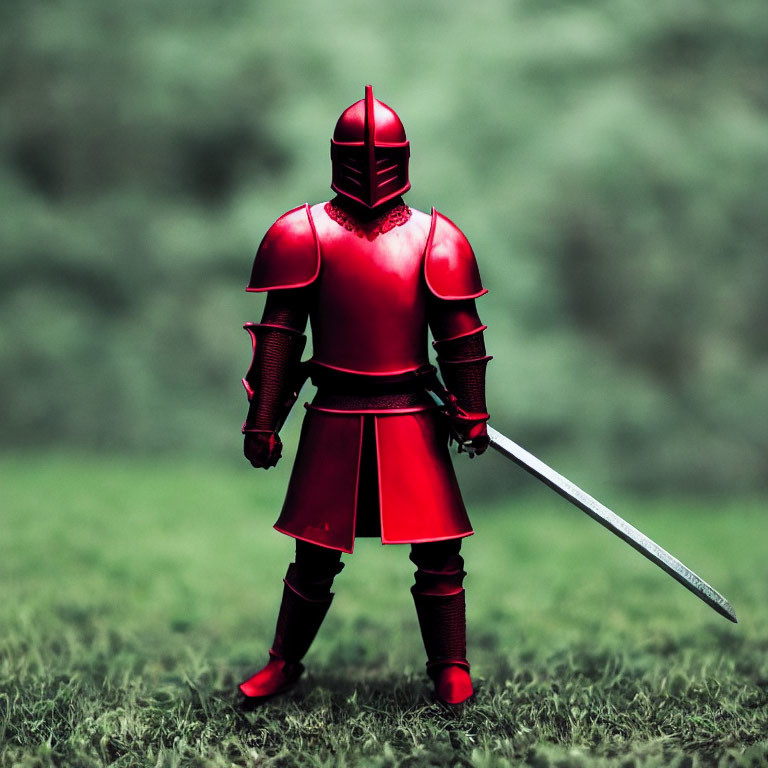 Red Knight Toy in Armor with Sword on Green Background