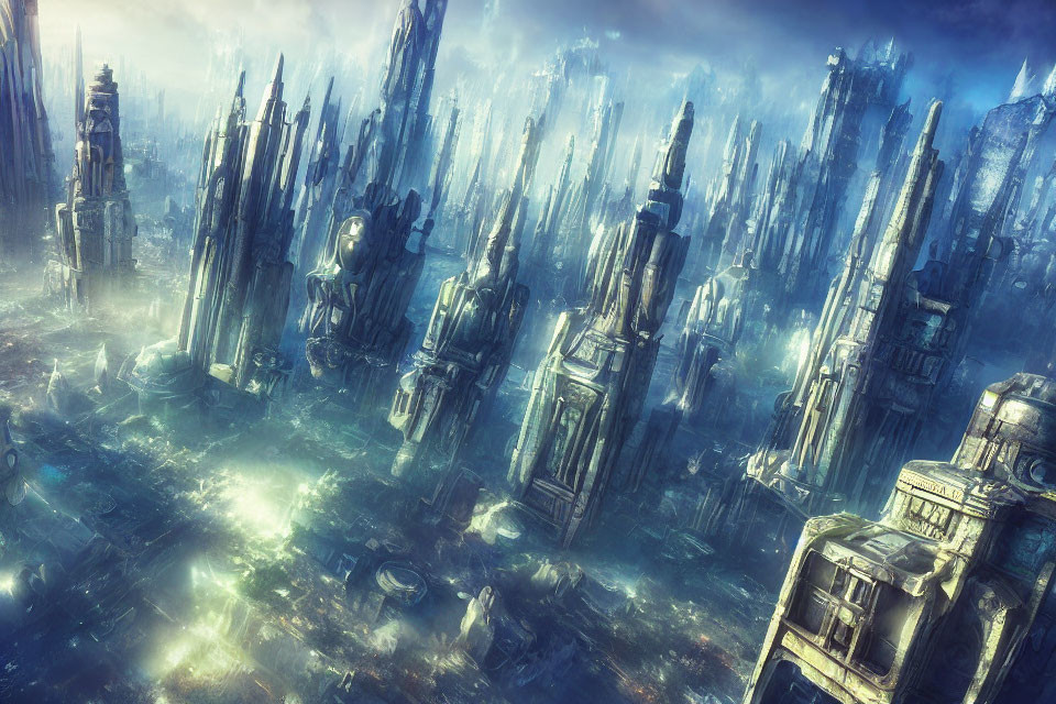 Futuristic cityscape with towering skyscrapers in mystical blue haze