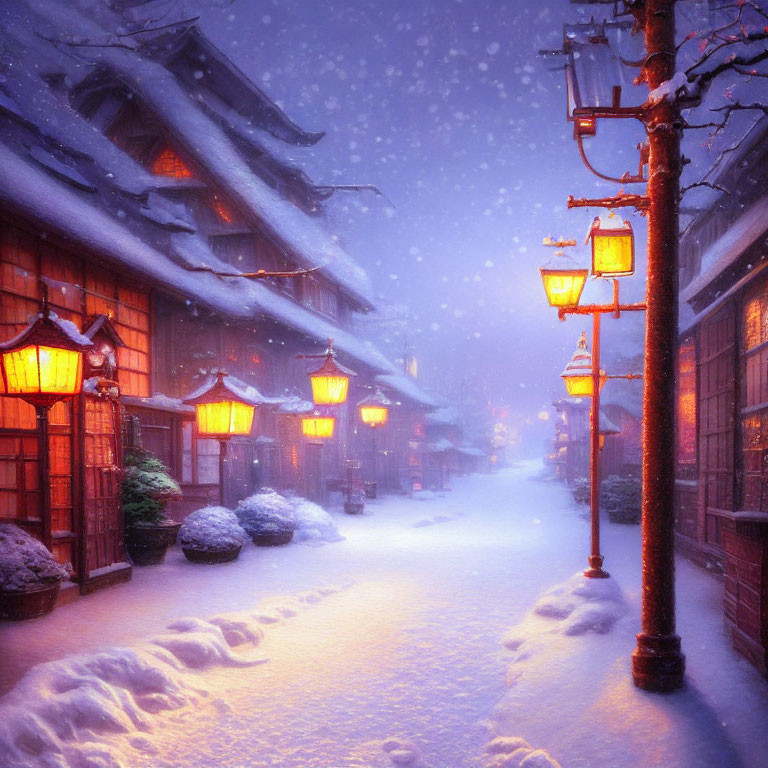 Snow-covered street with traditional buildings and glowing lanterns in serene winter scene