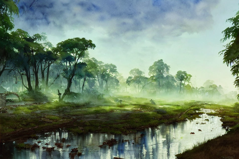 Tranquil landscape with lush green trees and meandering stream