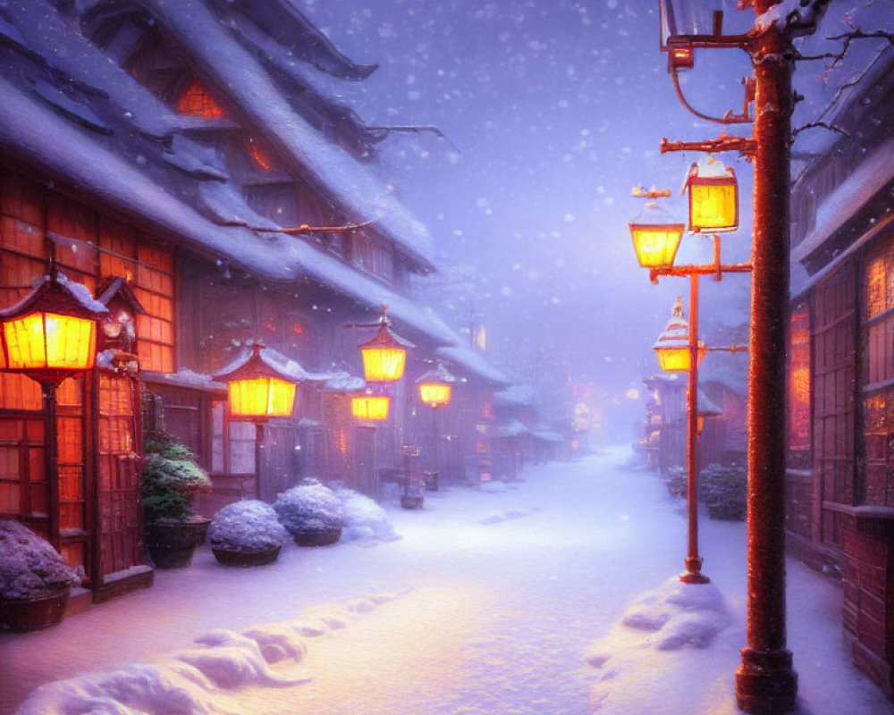 Snow-covered street with traditional buildings and glowing lanterns in serene winter scene