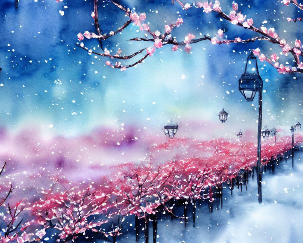 Snowy Cherry Blossom Path at Night: Watercolor Illustration