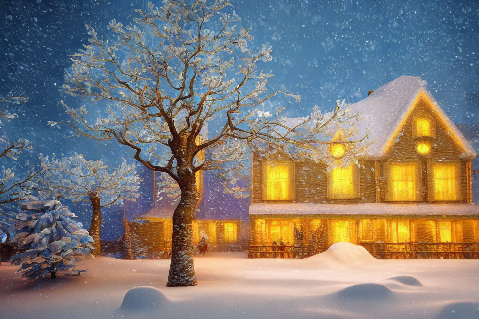 Snowy Evening Scene: Cozy House, Snow-Covered Trees