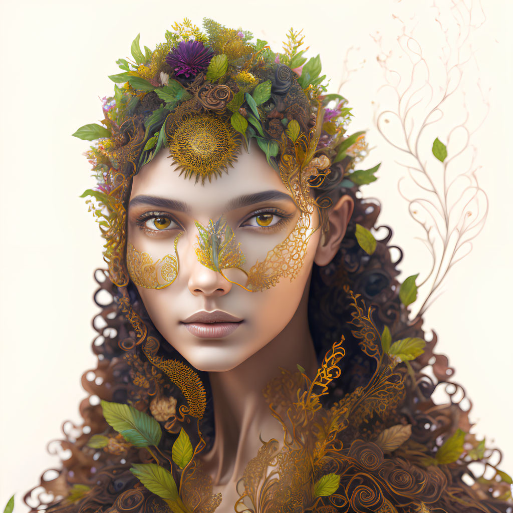 Digital portrait of woman with floral wreath and golden filigree on cream background