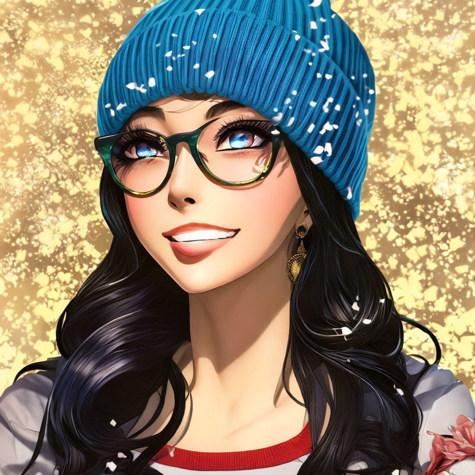 Smiling woman with glasses and blue beanie on gold background