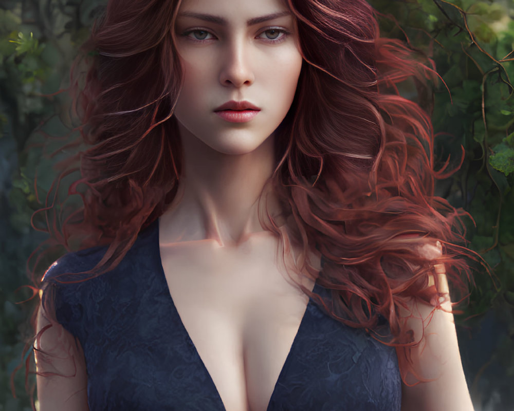 Digital Artwork: Woman with Auburn Hair and Blue Dress in Nature Setting