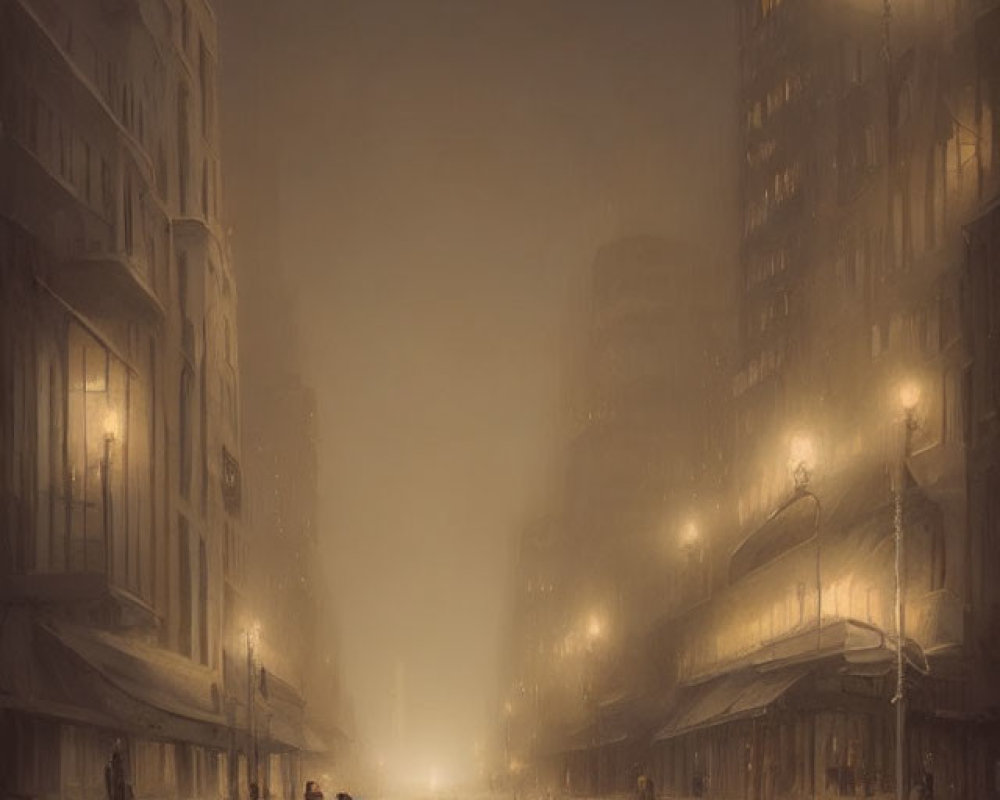 Foggy city street at night with illuminated buildings and lone figure