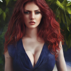 Digital Artwork: Woman with Auburn Hair and Blue Dress in Nature Setting