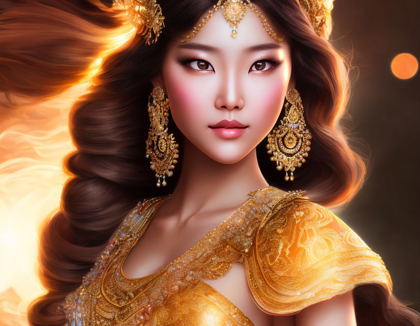 Illustrated woman with flowing hair and gold jewelry in elegant yellow-golden dress on warm backdrop