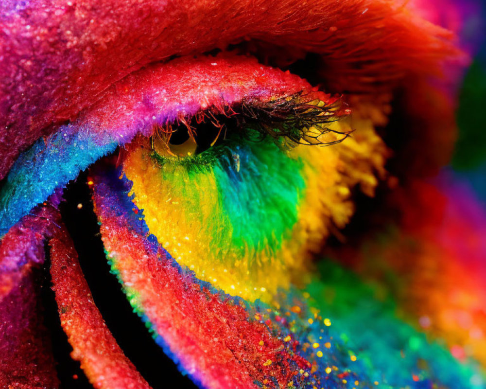 Vibrant rainbow-colored eye makeup with glitter details