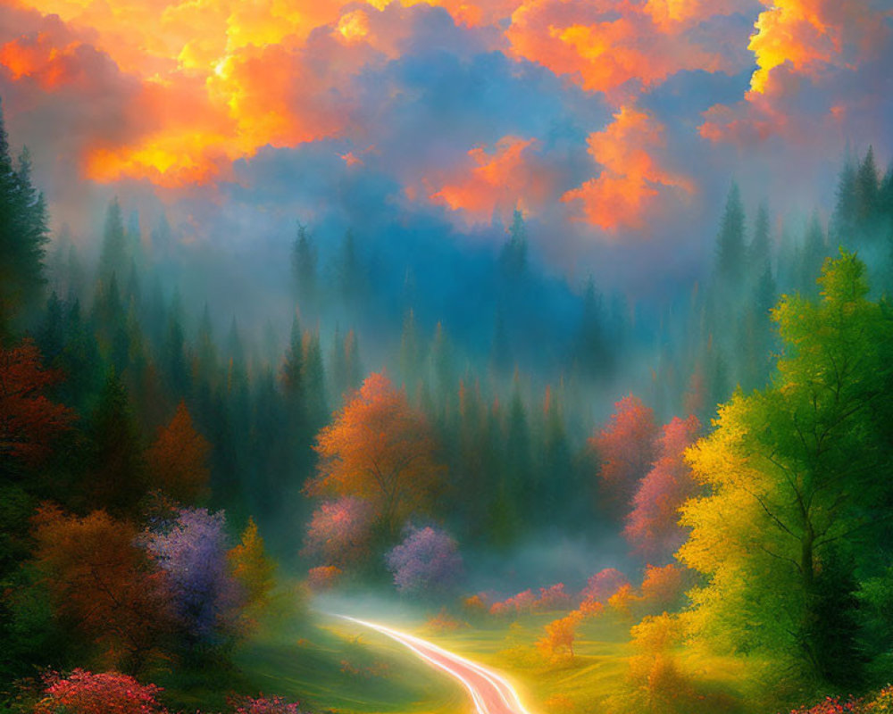 Colorful Misty Forest Path at Dusk or Dawn: Vibrant Landscape with Fiery Clouds