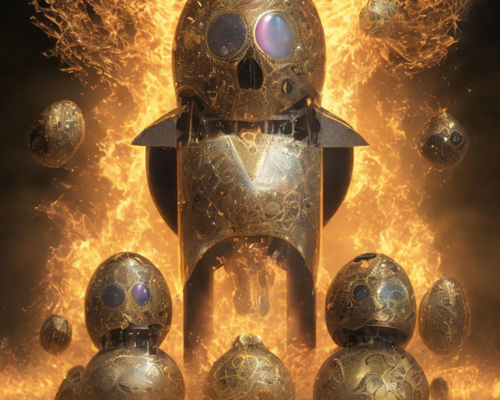 Ornate spherical robots with glowing eyes in fiery, debris-filled scene