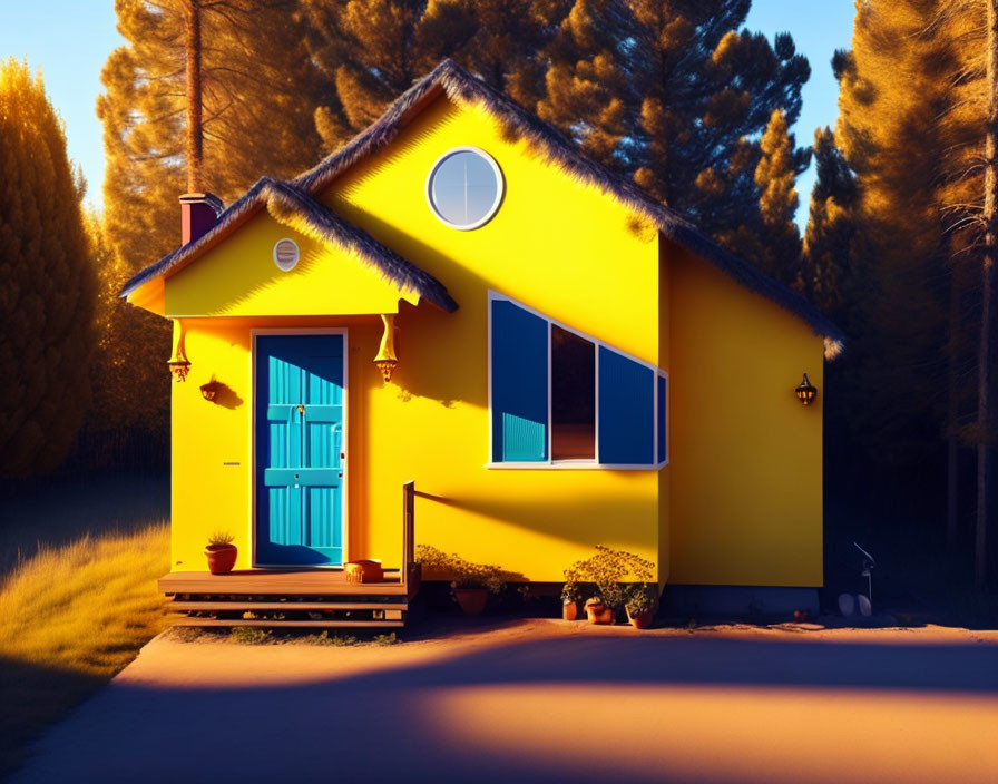 Yellow House with Blue Doors and Windows Among Tall Pines at Dusk