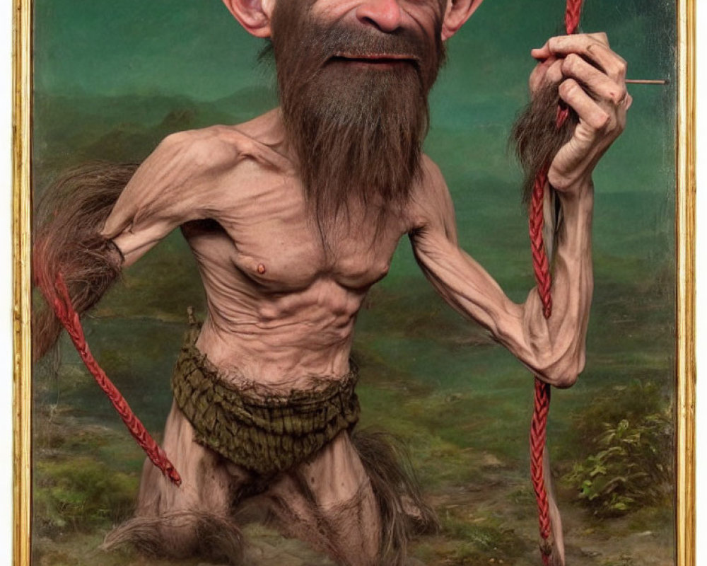 Human-like face fantasy creature with pointed ears in brown fur loincloth holding red rope emerges from painting