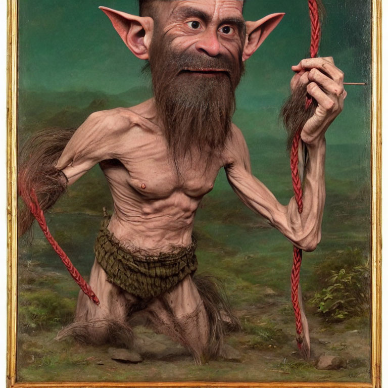 Human-like face fantasy creature with pointed ears in brown fur loincloth holding red rope emerges from painting