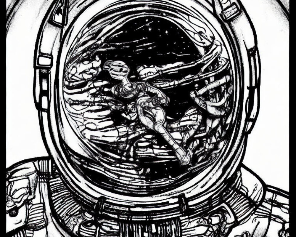 Monochrome sketch of astronaut with Earth reflection in visor