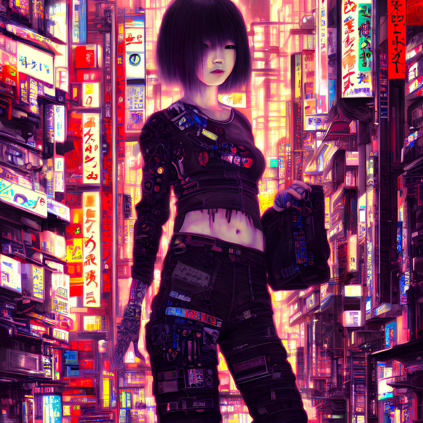 Futuristic cyberpunk illustration of a young woman in neon-lit alley