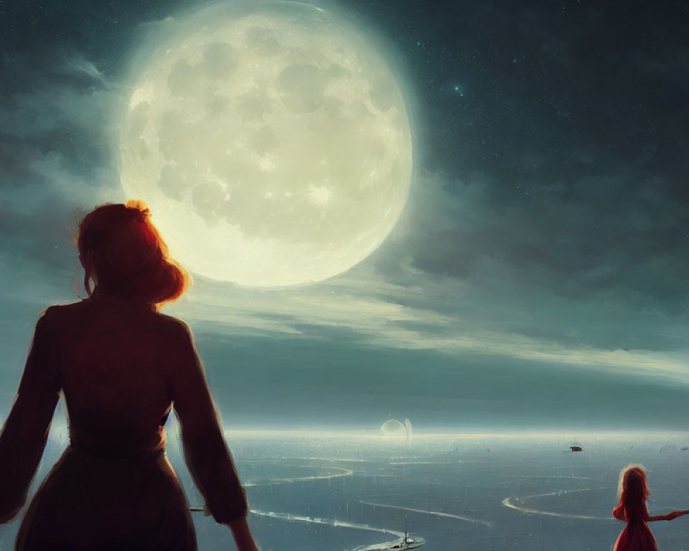 Woman and child under glowing moon in vast landscape