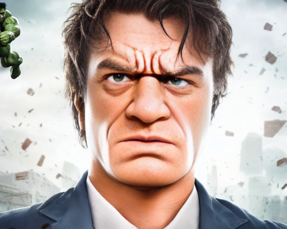 Intense man in suit with Hulk-like appearance and debris backdrop