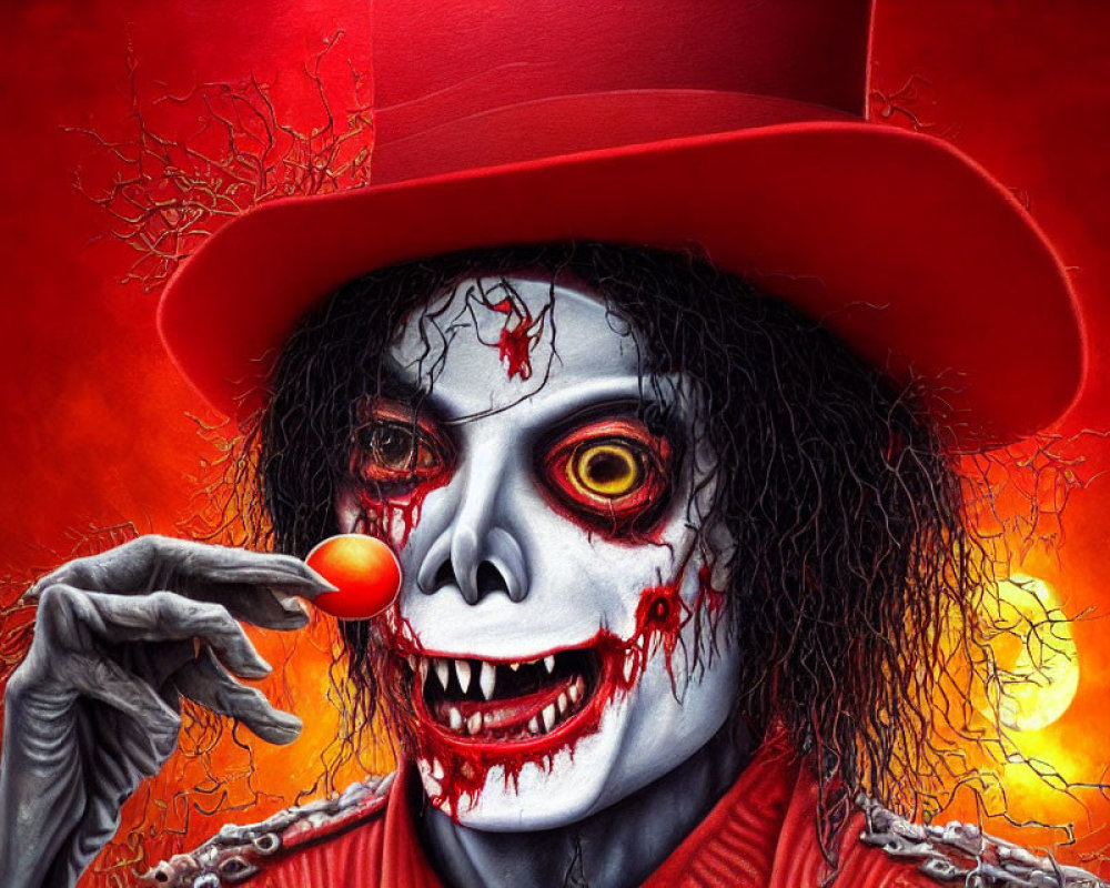 Sinister clown with red hat and gory makeup holding red ball on fiery background