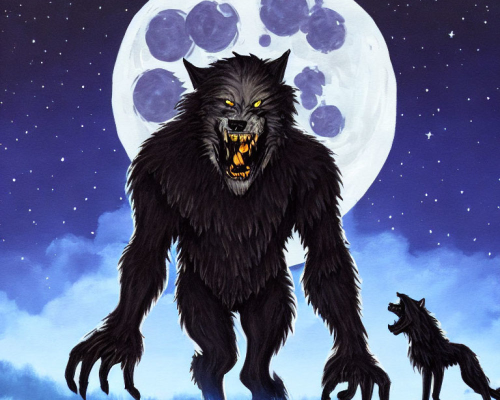 Werewolf and Wolf Under Full Moon Night Sky