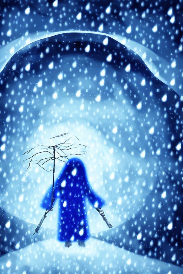 Figure in Blue Cloak Stands in Snowy Landscape