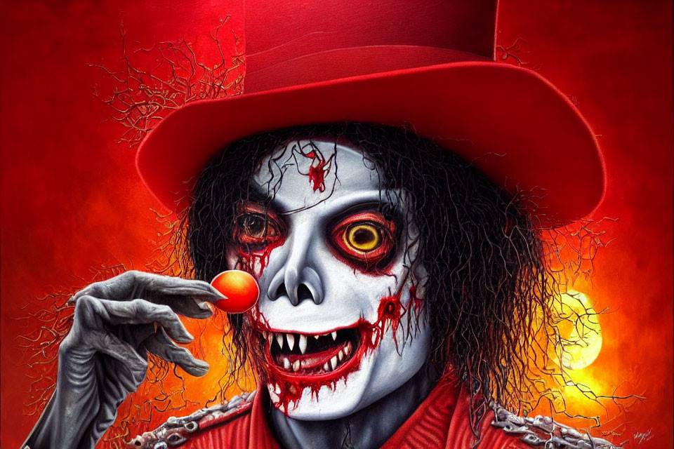 Sinister clown with red hat and gory makeup holding red ball on fiery background