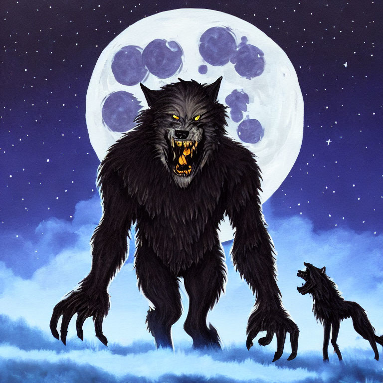 Werewolf and Wolf Under Full Moon Night Sky