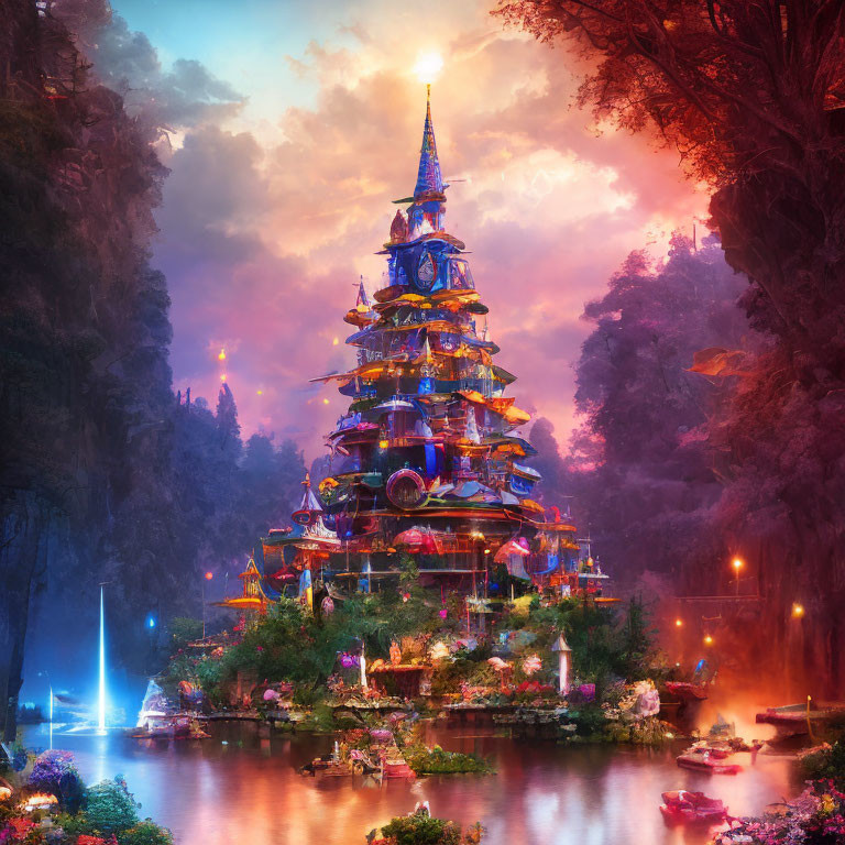 Colorful Forest Pagoda in Misty Waters and Sunset Sky