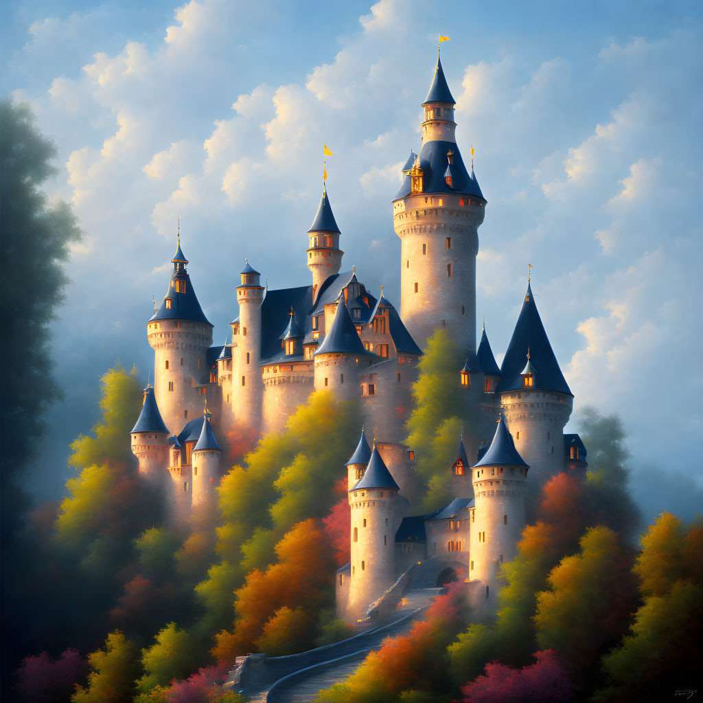 Majestic fairy-tale castle with spires in autumn landscape