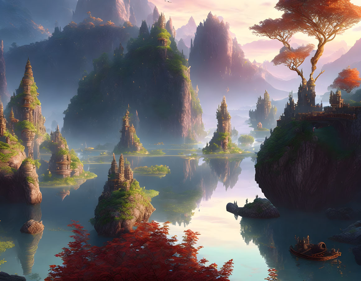 Serene fantasy landscape with water, mountains, Asian-inspired structures, foliage, and boat.