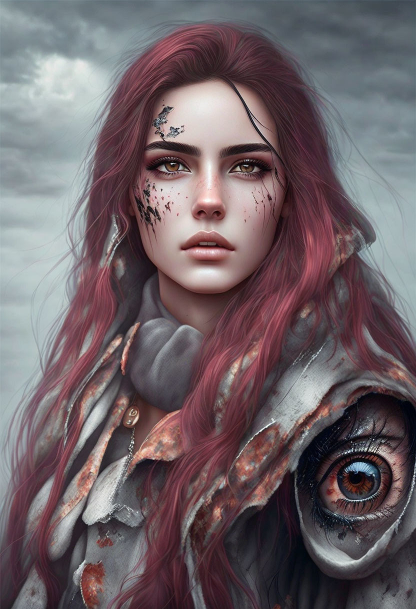 Digital art: Woman with pink hair, freckles, intense gaze, and vivid eye on clothing