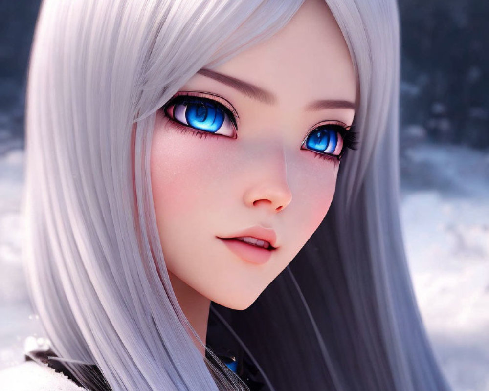 Animated character portrait: female with blue eyes, silver hair, fair skin, snowy backdrop