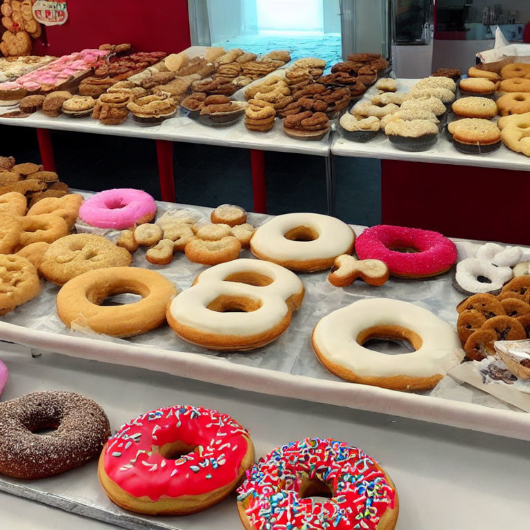 Assorted Donuts with Various Glazings and Toppings in Donut Shop