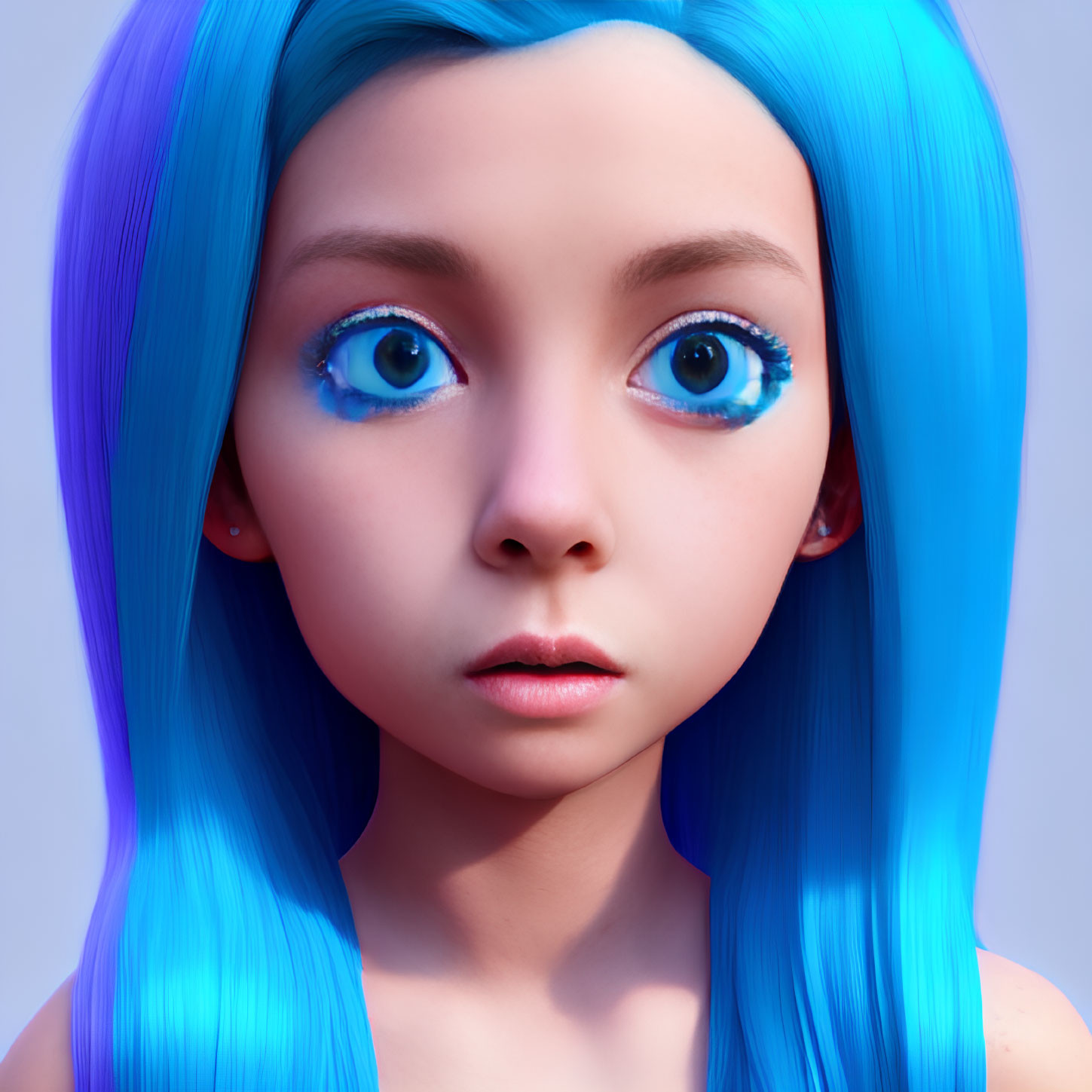 Digital artwork: Female character with blue hair, blue eyes, porcelain skin, surprised expression