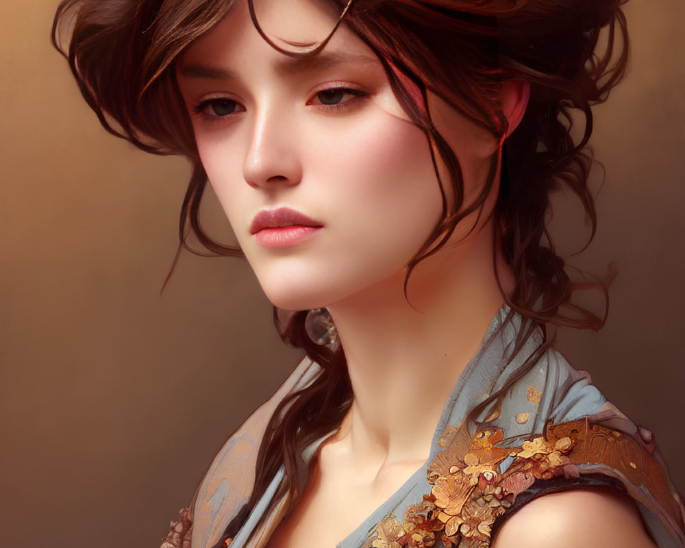 Digital portrait of a woman with flowing hair and embellished garment on warm-toned backdrop